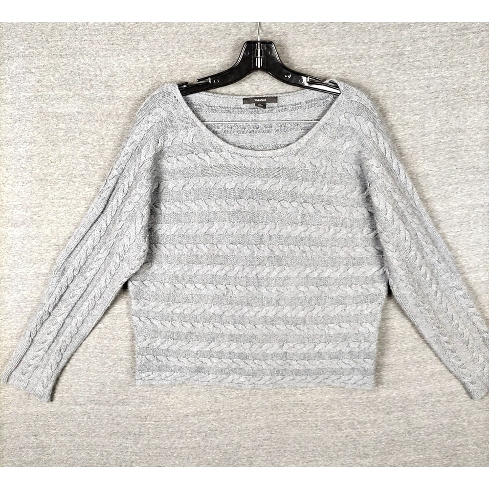 Tahari Womens Sweater L Gray Cable Knit Merino Pullover Fisherman Coastal Cozy